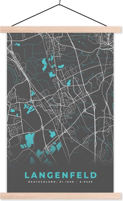 Posterhanger incl. Poster 40x60 cm - Schoolplaat - Blauw – Duitsland – Plattegrond – Stadskaart – Kaart – Langenfeld - Textielposter - Blanke latten - Stadskaart