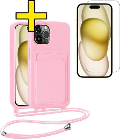 Hoesje Geschikt voor iPhone 14 Pro Telefoonhoesje Met Koord Case Pashouder Met Screenprotector Siliconen - Hoes Geschikt voor iPhone 14 Pro Hoesje Met Kaarthouder - Lichtroze