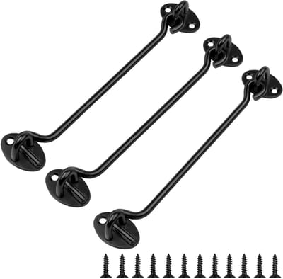 3 Stuks Stormhaken met Oog, 200mm RVS Deurslot, Zwarte Haak voor Tuin en Schutting, Inclusief 12 Schroeven voor Beveiliging en Stabiliteit