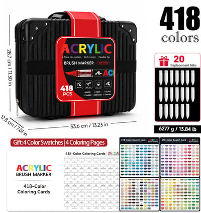Vloeibare acrylmarkers - 418 kleuren klassiek zwart - zachte punt zonder indrukken - voor kunst, DIY, handtekenen en graffiti - geschenkdoos