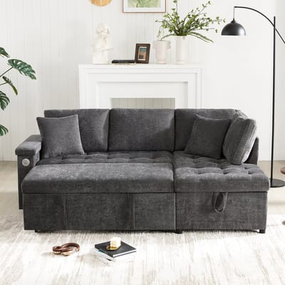DESMIU Slaapbank 209 Cm - Uitschuifbare Hoekbank Met Opbergruimte En USB-Aansluiting - Voor Woonkamer En Logeerkamer - Chenille Donkergrijs