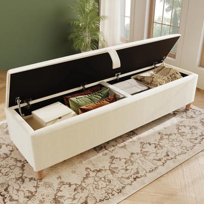 Gestoffeerde Bedbank - Opbergbank - Extra Zitplaats - Hydraulische Opbergruimte - 145 cm - Beige