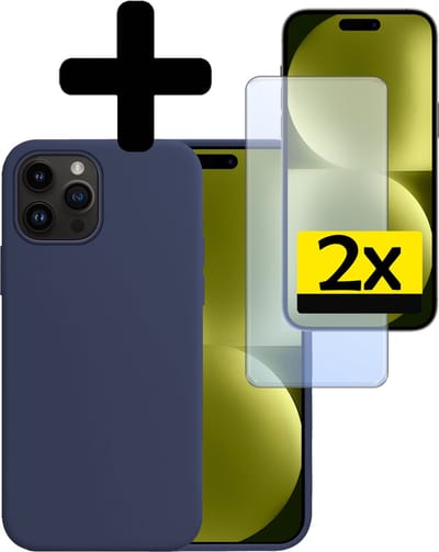 Hoesje - Met 2x Screenprotector - Geschikt voor Apple iPhone 15 Pro - Sterk & Shockproof - Back Cover - Siliconen Case - Telefoon Hoes - Telefoonhoesjes - Donkerblauw