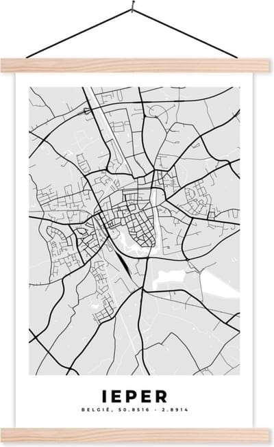 Posterhanger incl. Poster 40x60 cm - Schoolplaat - Plattegrond – Ieper – Zwart Wit – Stadskaart - Kaart - Textielposter - Blanke latten - Stadskaart