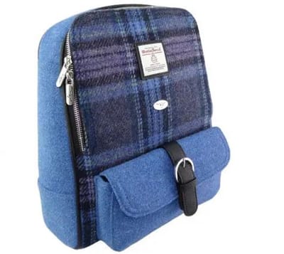 Rugzak Naver Stewart blauw en paars tartan - 33x29x14 - Harris Tweed - Glen Appin of Scotland