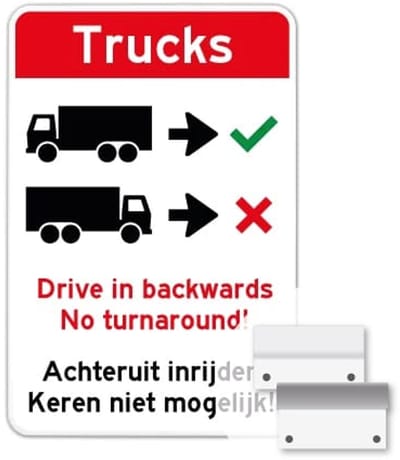 Bord Trucks Achteruit inrijden - Drive in backwards - Weerbestendig Aluminium - 40x60 cm - Bevestiging: Met muur-/ wandmontage beugels