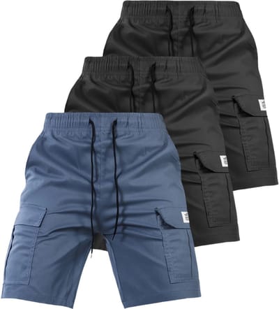 Livano Korte Broek Heren - Cargobroek - Spijkerbroek - met Zakken - Volwassenen - Jongens - Shorts - 3 Pcs - Blauw/Zwart/Zwart - Maat XXS