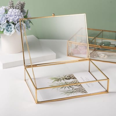 Gouden glazen sieraden doos en fotokaarten organizer - Decoratieve aandenken en luxe opslag voor home deco
