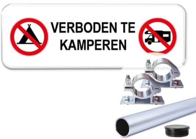 Parkeerbord Verboden te kamperen - Weerbestendig Aluminium - 40x15 cm - Bevestiging: Met paal 120 cm + paalbeugels + paaldop