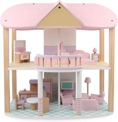 Coemo Poppenhuis Sandy – Betoverend 2-verdiepingen Puppenhaus met 23 meubelstukken, kleurrijke kamers en duurzame houten poppenhuis voor eindeloos speelplezier
