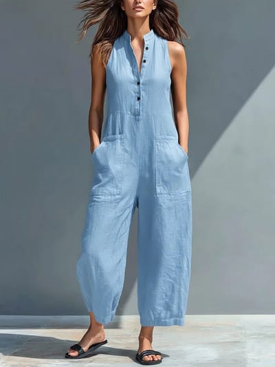 Damesjumpsuit – Zomerse mouwloze jumpsuit met wijde pijpen – Stijlvolle, casual, losvallende overall met knoopsluiting – Met zakken – blauw – M