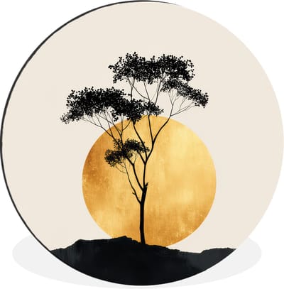 WallCircle - Wandcirkel - Muurcirkel - Zwarte boom - Gouden cirkel - Heuvel - Aluminium - Dibond - 30x30 cm - Binnen en Buiten