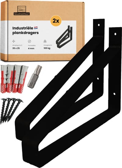 GoudmetHout® Industriële Plankdragers XL - 35 cm - Stalen Plankdrager voor Wandschap, Muurrek of Wandconsole - Max 100 kg - 2 Stuks - Mat Zwart