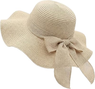 VHV-Premium Zonnehoed Dames - UPF 50+ UV-bescherming Strooien Hoed - Brede Rand met Elegante Strik - Opvouwbare Strandhoed voor Vakantie en Reizen - Beige