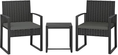 Bistroset - Tuinmeubel 3-delig - Tuinset van Rotan - Balkonset voor 2 Personen - Tuinmeubelset met 2 Stoelen + Tafel + Afneembare Kussens - Zitgroep - Meubel - Loungeset - Meubelsets - voor Tuin, Balkon, Terras - Donkergrijs