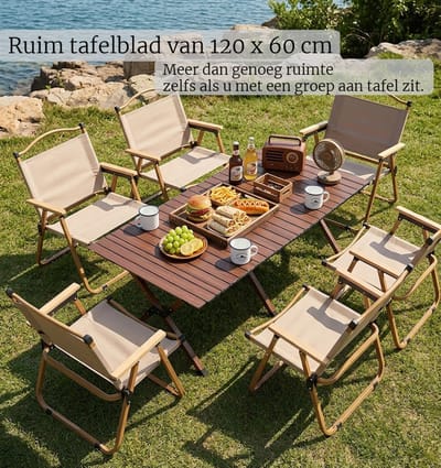 Opvouwbare Kampeerset voor 4 Personen - 120x60x45cm Campingtafel met 4 Stoelen - Roltafel - Kermitstoel - Buiteneettafel - Houtlook / Canvas - Draagbaar - Regisseursstoel - Relaxstoel voor buiten