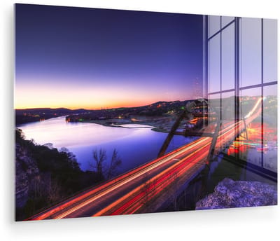 ® Glasschilderij 180x120 cm - Schilderij acrylglas - Austin - Brug - Rivier - Foto op glas - Muurdecoratie woonkamer - Wanddecoratie slaapkamer - Schilderijen