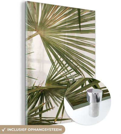 MuchoWow® Glasschilderij 120x160 cm - Schilderij acrylglas - Bladeren - Palmblad - Tropisch - Zomer - Foto op glas - Schilderijen