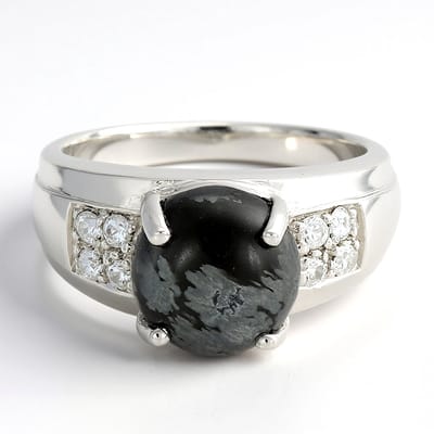 Cavill - Herenring Zilver 925 Sterling - Sneeuwvlokken Obsidiaan 3,52 ct en 8 Zirkonen Pavé 0,41 ct - Brede Elegante Ronde Cabochon 10 mm