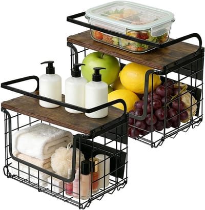 Famanu – Fruitmand, 2 etages, keukenmand met houten deksel, fruitmand, stapelbaar, wandmontage, opslag van fruit, groenten (zwart (2 stuks), 30,5 x 16 x 26 cm)