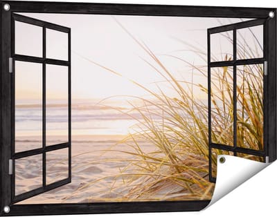 Gards Tuinposter Doorkijk Strand en Duinen tijdens Zonsondergang - 90x60 cm - Tuindoek - Tuindecoratie - Wanddecoratie buiten - Tuinschilderij
