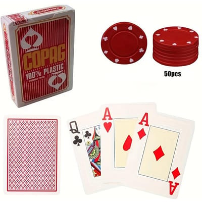 Een pak speelkaarten en 50 stuks ronde tafelspelaccessoires Set PVC-plastic speelkaarten Slijtvaste en waterdichte speelkaarten rood