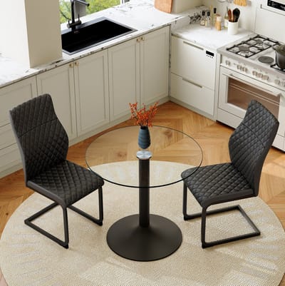 Set Tafel En Stoelen - Ronde Glazen Eettafel Met 2 Stoelen - Hoge Rugleuning En Diamantstiksel - Voor Kleine Eethoek - Metaal Zwart Transparant