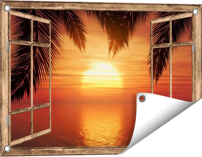 Gards Tuinposter Doorkijk Zonsondergang op het Strand met Palmbomen - 60x40 cm - Tuindoek - Tuindecoratie - Wanddecoratie buiten - Tuinschilderij