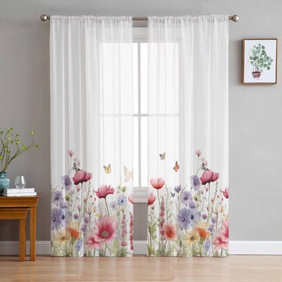 Aquarel Bloemen Planten Vlinders Lavendel Madeliefjes Tule Raamgordijnen Slaapkamer Luxe Gordijnen in Woonkamer Chiffon Panelen 135W x 114H(cm) white