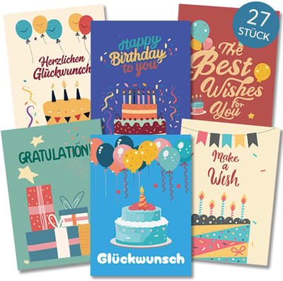 Dailygoods - BIROYAL Verjaardagskaarten voor kinderen, set van 27 met envelop - Happy Birthday-kaart - premium wenskaarten verjaardag als ansichtkaartenset - verjaardagskaart voor kinderen - Happy Birthday-kaart