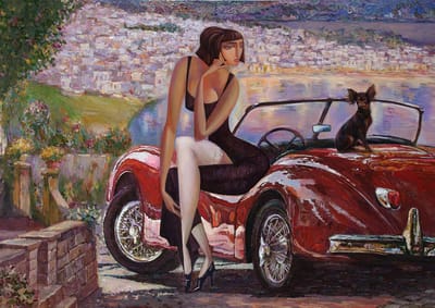 *SALE - Lady And The Red Car- Mint by Michelle decoupage papier A3