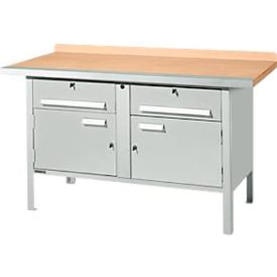Schäfer Shop Select PWi 150-0 werkbank met kasten, beuken multiplexplaat, met stalen rand, tot 750 kg, B 1500 x D 700 x H 840 mm, lichtgrijs