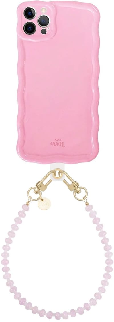 xoxo Wildhearts Glossy Wavy Case Bubble Blush - Dusty Pink (kort koord) - geschikt voor iPhone 12 Pro Max - hoesje met telefoonkoord - afneembaar koord - Kralenketting - kort telefoonkoord - hoesje met golven - Roze