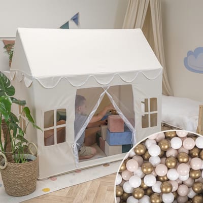 KiddyMoon Speelhuis Kindertent Met 200 Ballen Voor Kinderen Kinderhuis Opvouwbaar Ontwerp KiddyMoon Speeltent Indoor Creativiteit Kindertent Voor Binnen En Buiten Kinderkamer, Natuurlijke Kleur:Pastel Beige/Wit/Goud