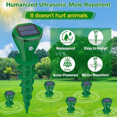 Mole Repellent Solar Powered, 2 Pack Ultrasonic Gopher Repeller IP65 Waterproof for Lawn Garden Yard, Sonic Vole Repellent Mole Killer Outdoor Get Rid of Snake Groundhog Chipmunk Squirrels-Green