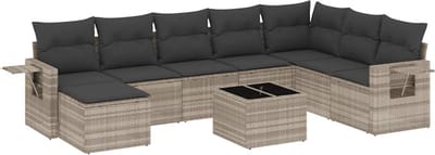 vidaXL 9-delige Loungeset met kussens poly rattan lichtgrijs