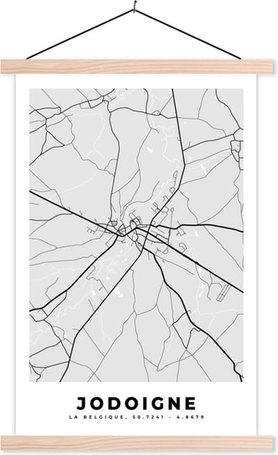 Posterhanger incl. Poster 40x60 cm - Schoolplaat - Stadskaart – Plattegrond – België – Zwart Wit – Jodoigne – Kaart - Textielposter - Blanke latten - Stadskaart