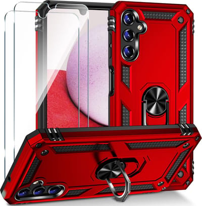 HB Hoesje Geschikt voor Samsung Galaxy A54 5G Rood & 2X Glazen Screenprotector - Anti-Shock Hybrid Armor Back Cover - Hoes met Kickstand Ring