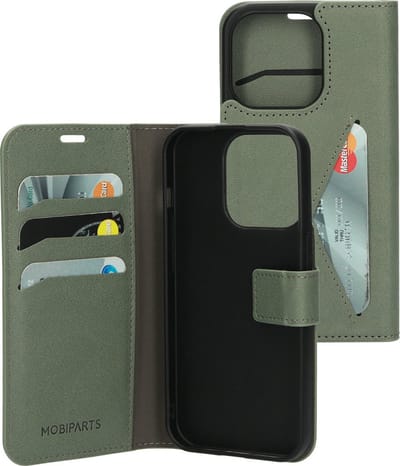 Mobiparts hoesje geschikt voor Apple iPhone 15 Pro - Wallet/Boekhoesje - Eco Leer - Magneet Sluiting - Opberg vakken - Groen