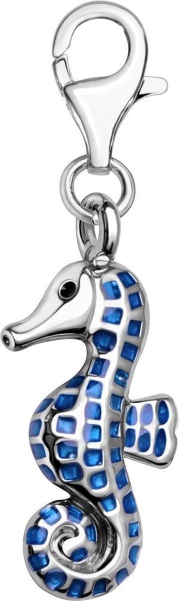 Quiges - Charm Bedel Verzilverd Hanger 3D Zeepaardje met Emaille Blauw - Verzilverd - karabijnslot - geschikt - voor - Bedelarmband - QHC137