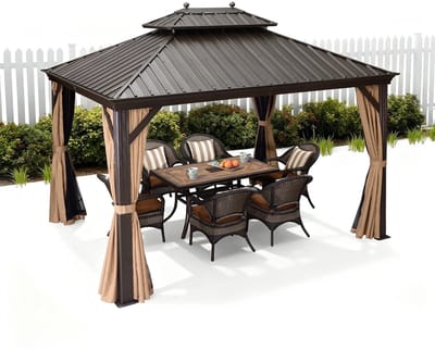 PURPLE LEAF Hardtop Aluminium Tuinpaviljoen – Dubbel dak – Hoogwaardige Gordijnen – Wind- en weerbestendig – Bronskleurig