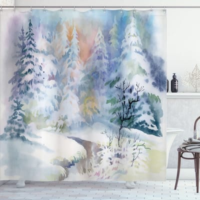 New Bed, Winter Aquarel Schilderij Onscherp Douchegordijn Badkamer Decor Set met Haakjes, 180 cm B 200 cm L
