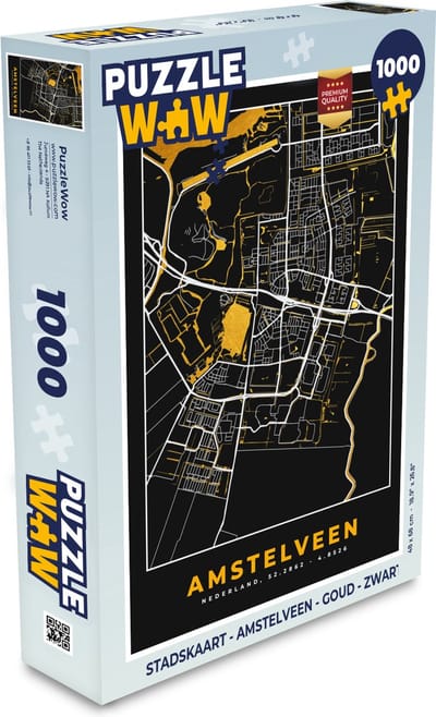 Puzzel Stadskaart - Amstelveen - Goud - Zwart - Legpuzzel - Puzzel 1000 stukjes volwassenen - Plattegrond