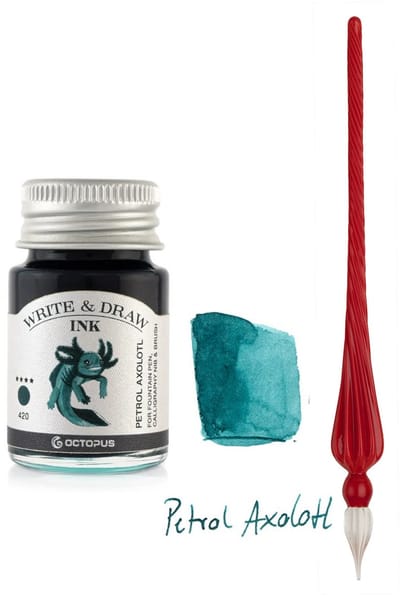 Glazen dip pen set in doosje - Rood - Potje Octopus inkt petrol axoloth