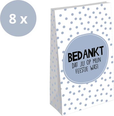 8 x Grote Traktatie Uitdeelzakjes XL | Blokbodem | Blauw Zwart Wit | Kinderfeest Trakteren | 14 x 8 x 26 cm