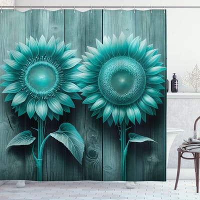 New Bed, Blauwgroen Abstracte Blauwe Zonnebloemen Boerderij Douchegordijn Badkamer Decor Set met Haakjes, 180 cm B 200 cm L