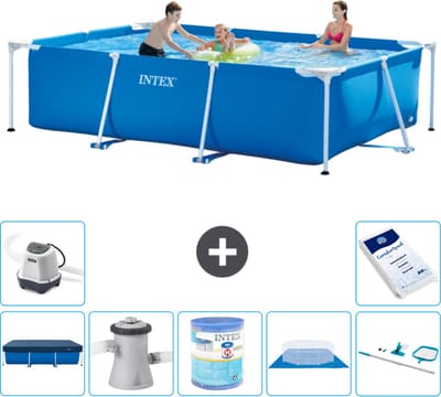 Intex Rechthoekig Frame Zwembad - 300 x 200 x 75 cm - Blauw - Inclusief Afdekzeil - Zwembadfilterpomp - Filter - Grondzeil - Schoonmaakset - Zoutwatersysteem - Zwembadzout - 8-delig