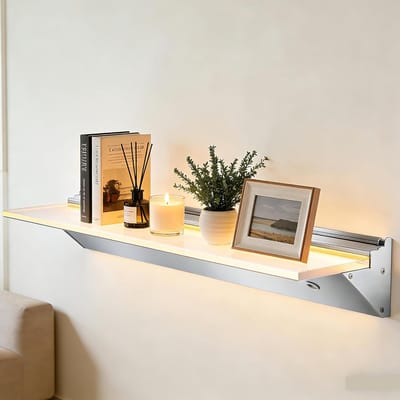 Wandplank met LED - Glazen Opbergrek - Sfeervolle Verlichting - Sensor Gestuurd - 60 cm Breed - Wit