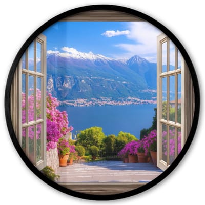Poster in lijst Rond - Fotolijst 40x40 cm - Posters - Doorkijk - Berg - Landschap - Uitzicht - Meer - Ronde posterlijst zwart - Decoratie - Wanddecoratie woonkamer - Muurdecoratie slaapkamer