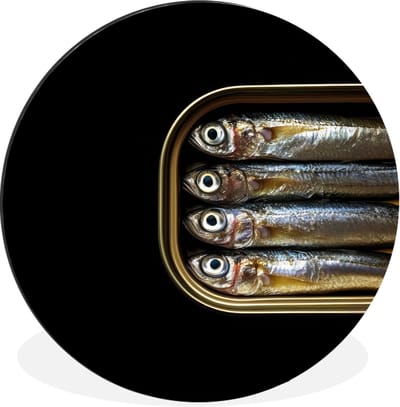 WallCircle - Wandcirkel - Muurcirkel - Sardines - Blik - Zwart - Vissen - Aluminium - Dibond - 30x30 cm - Binnen en Buiten